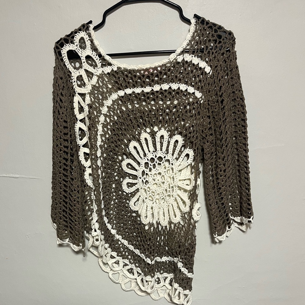 Brown and White Crochet Women's Top